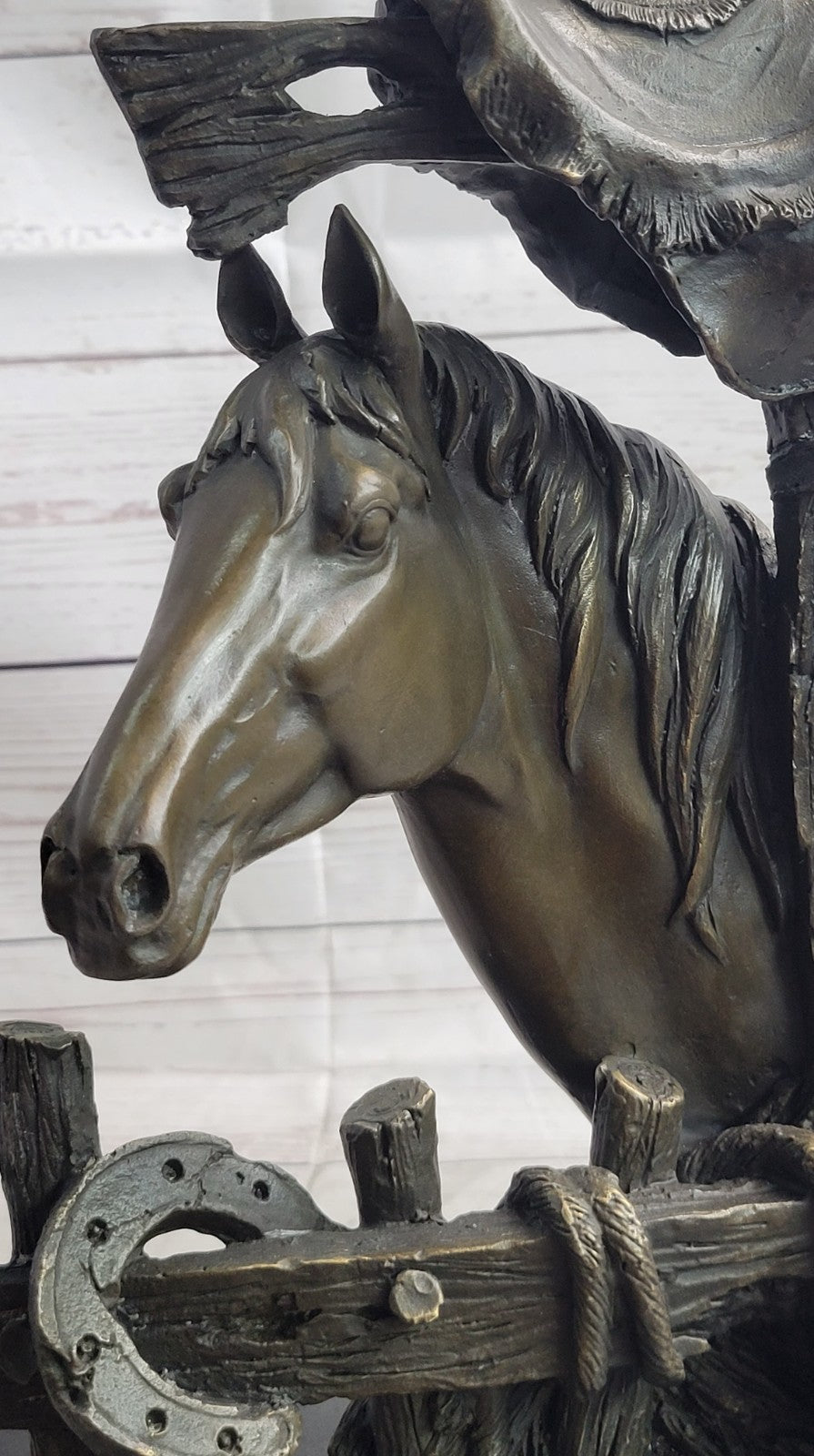 Bronze Statue of a Loving Horse with Saddle in Western Art Cowboy Style
