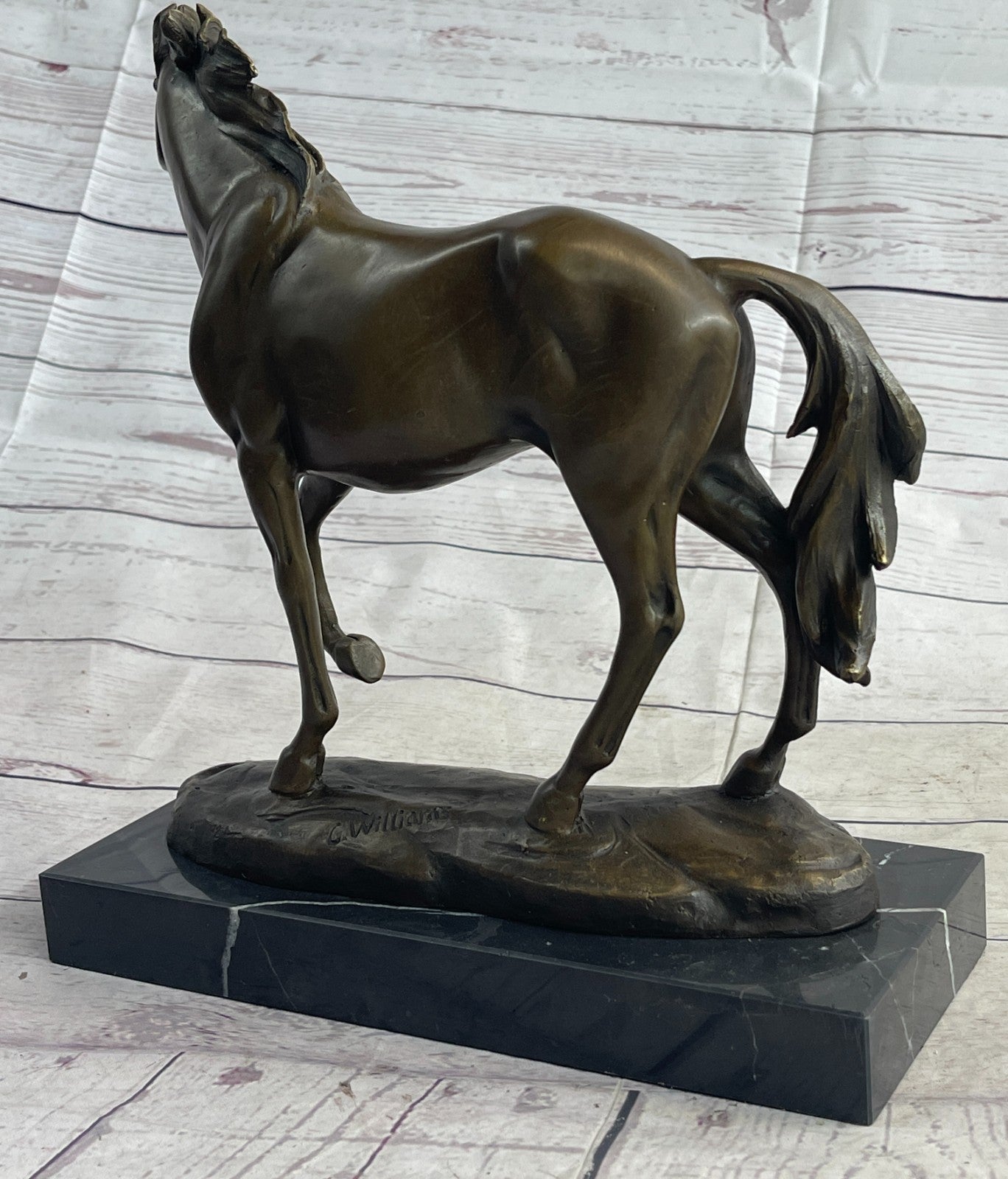 BRONZE STATUE SIGNED WILLIAMS WILD RACING STALLION HORSE SCULPTURE FIGURINE ART