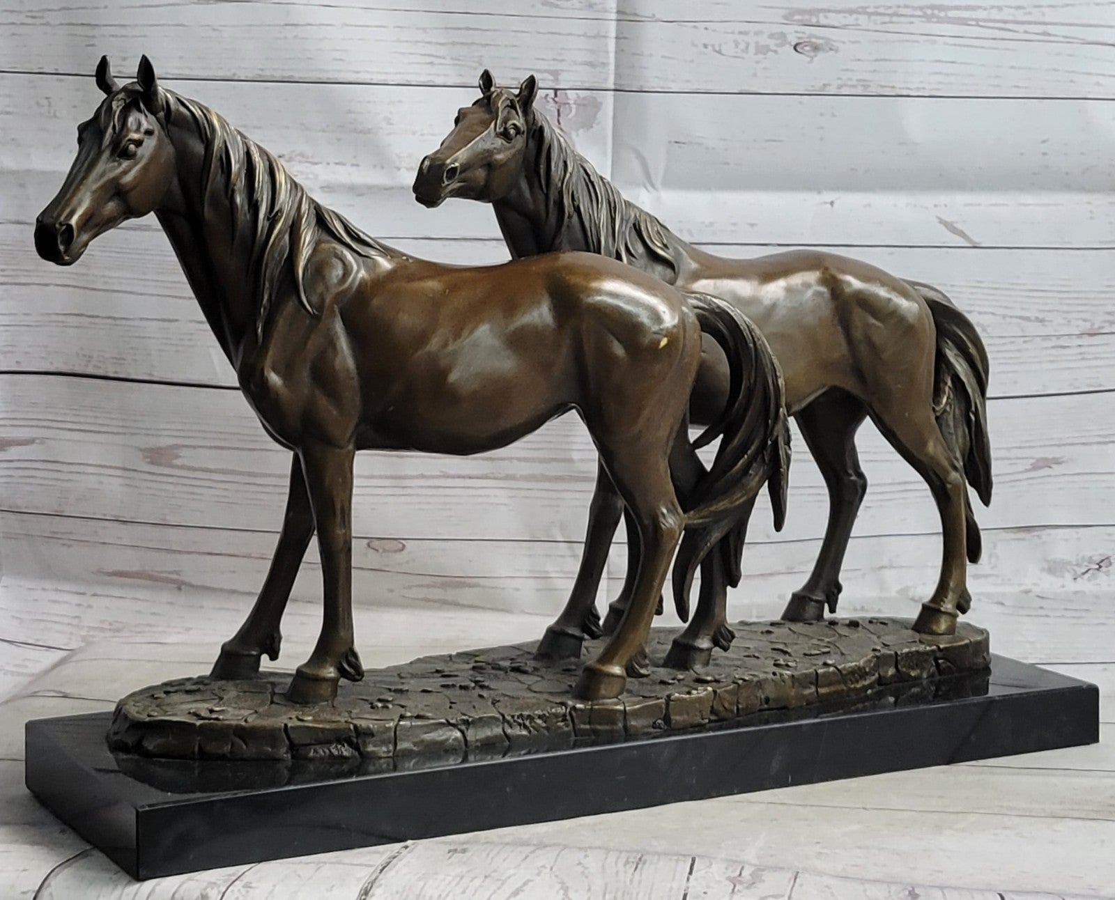 Two Horse Mare Foal Signed Home Decor Bronze Sculpture Statue Figurine Figur Art