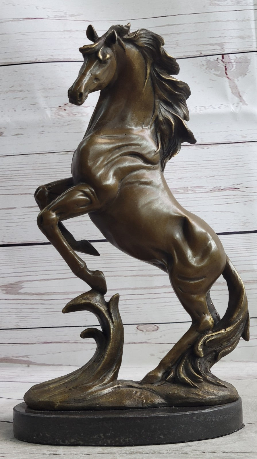 Art Deco Hot Cast Rearing Stallion Bronze Sculpture Marble Base Figurine Figure