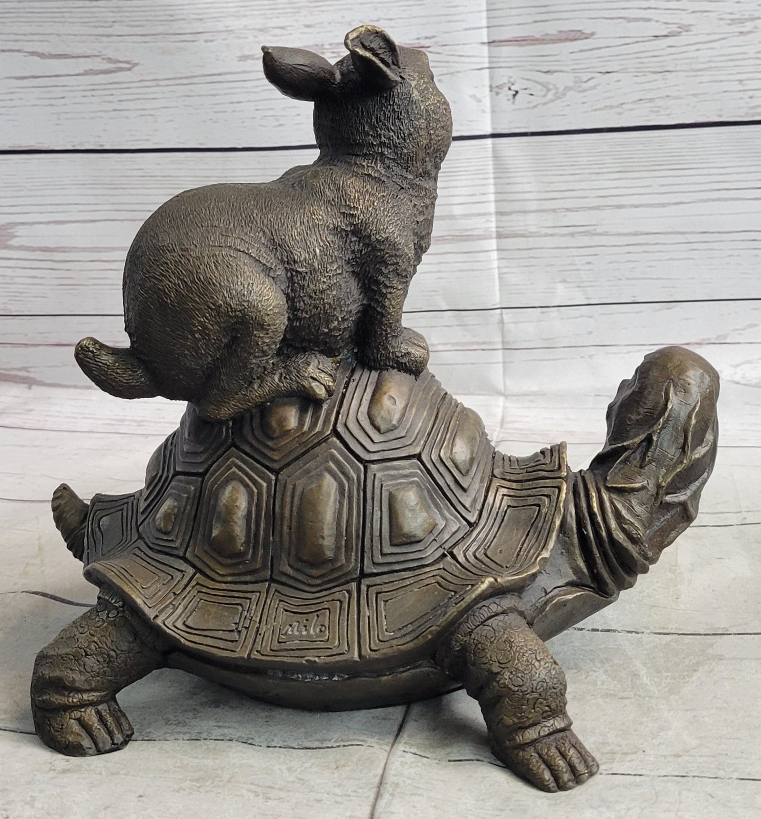 Chinese Folk Culture HandMade Real Bronze statue Longevity god Rabbit Turtle