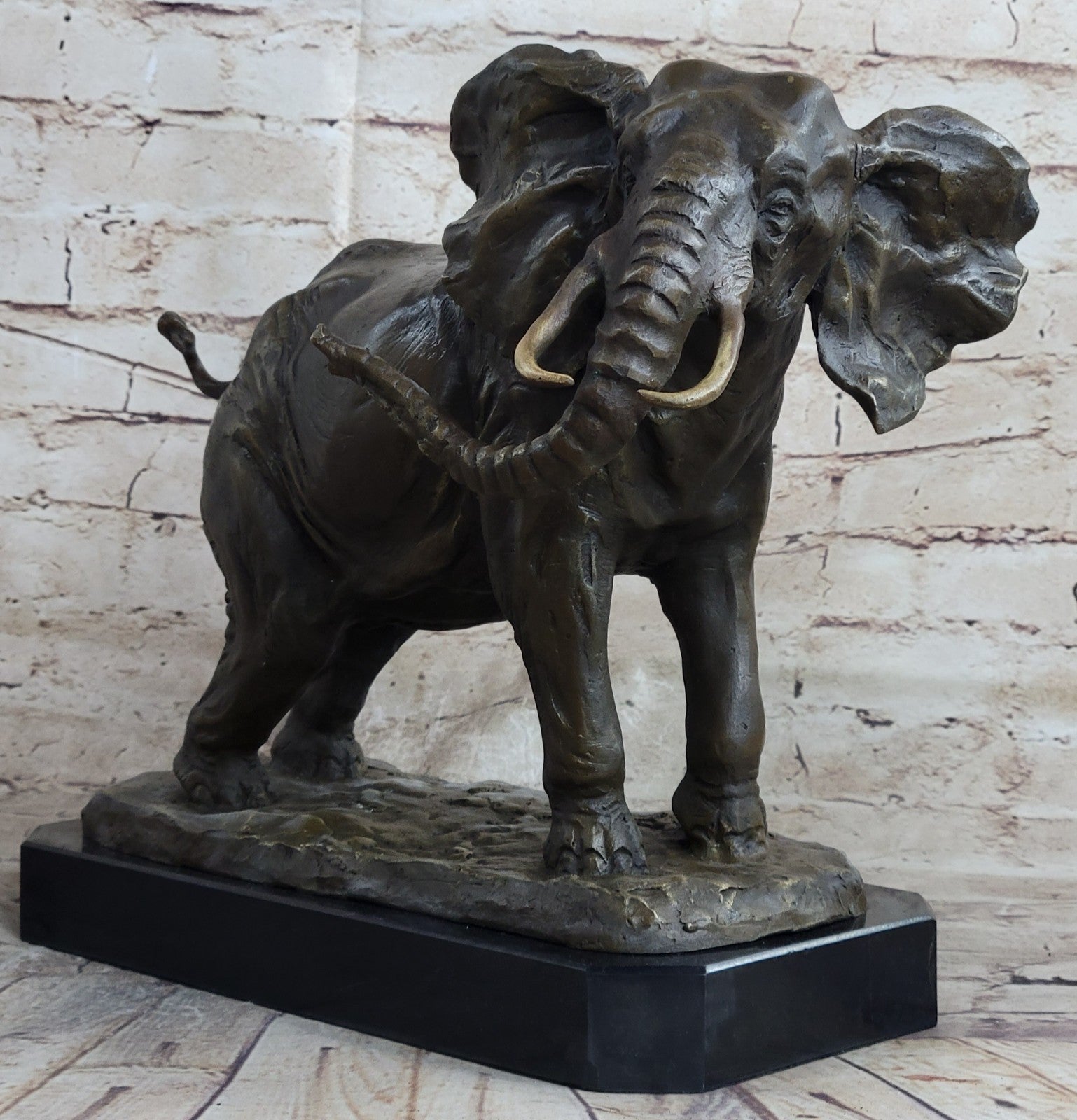 Art Deco Signed Barye African Lucky Elephant Wildlife Bronze Sculpture Figurine