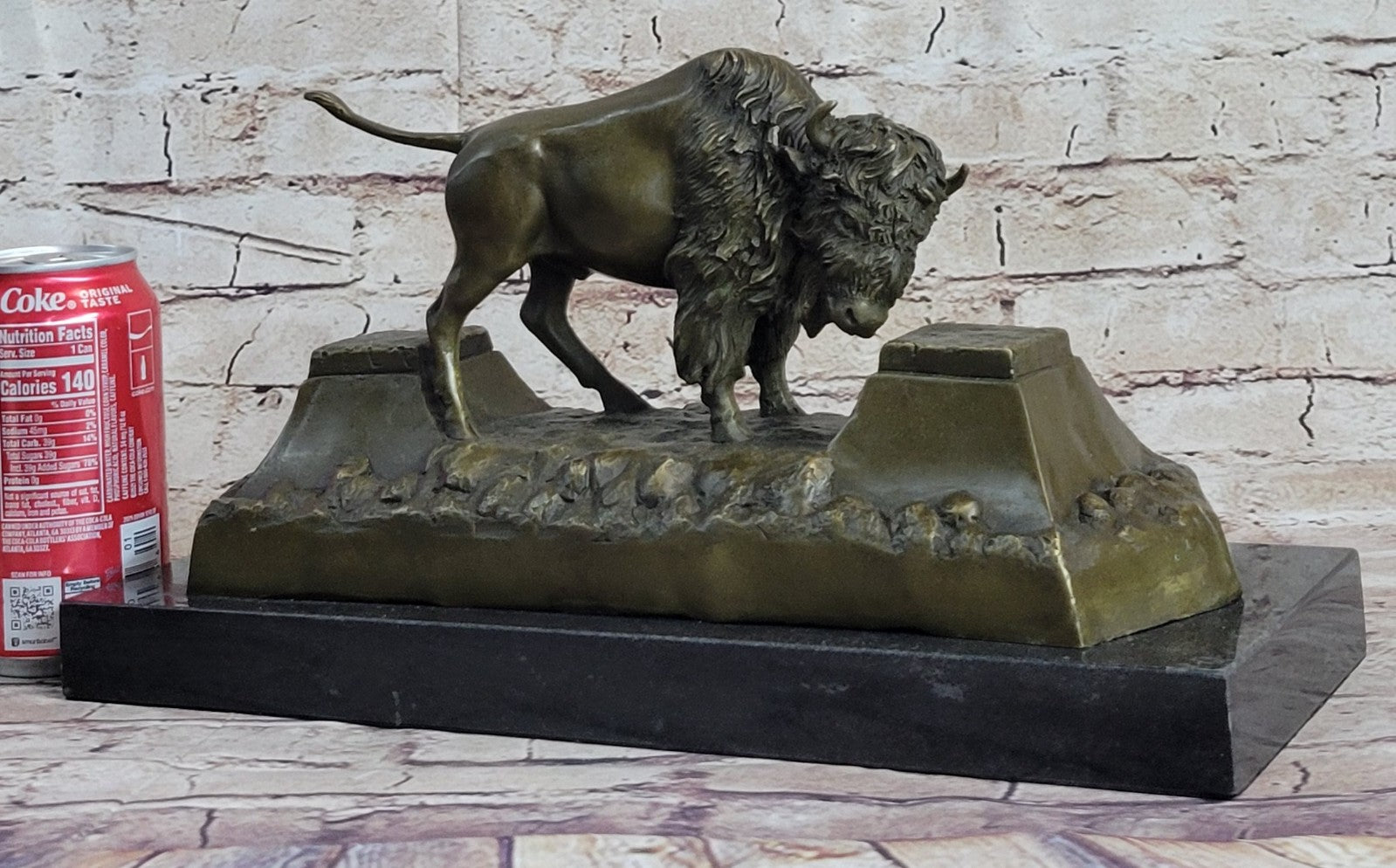 13" Art Deco Sculpture Buffalo Bulll OX Animal Marble Base Bronze Statue