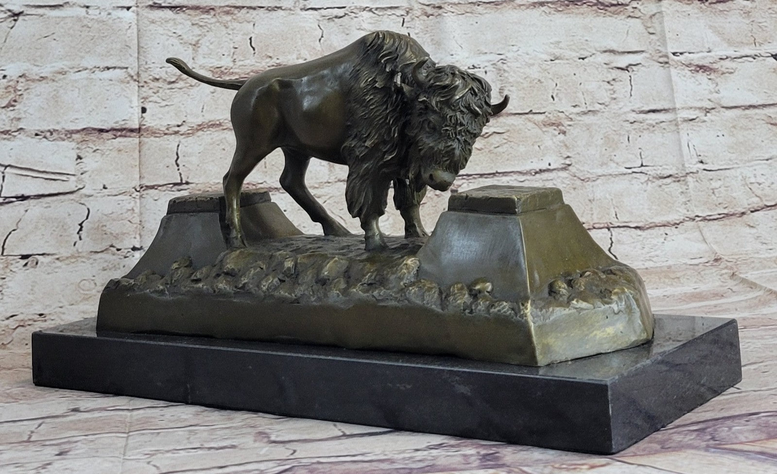 13" Art Deco Sculpture Buffalo Bulll OX Animal Marble Base Bronze Statue
