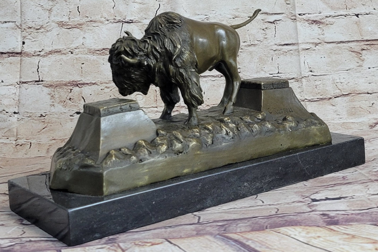 13" Art Deco Sculpture Buffalo Bulll OX Animal Marble Base Bronze Statue