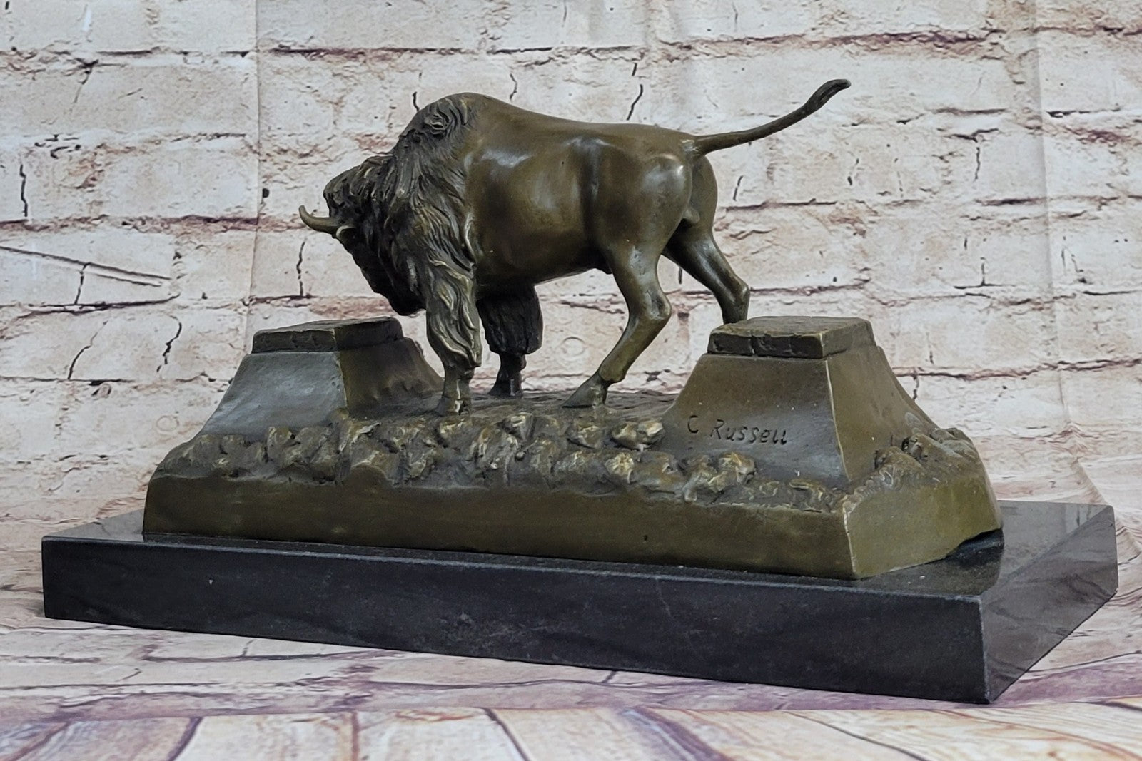 13" Art Deco Sculpture Buffalo Bulll OX Animal Marble Base Bronze Statue