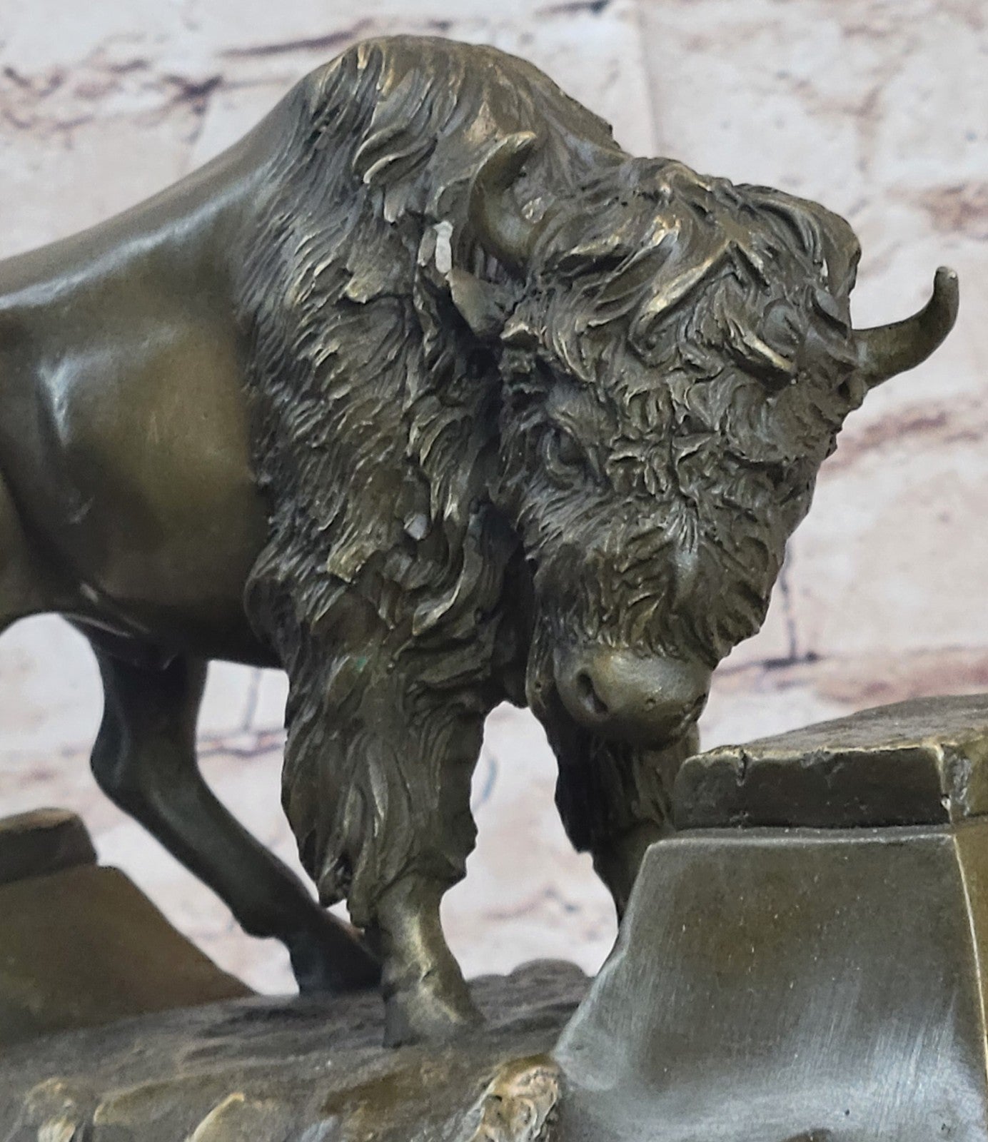 13" Art Deco Sculpture Buffalo Bulll OX Animal Marble Base Bronze Statue