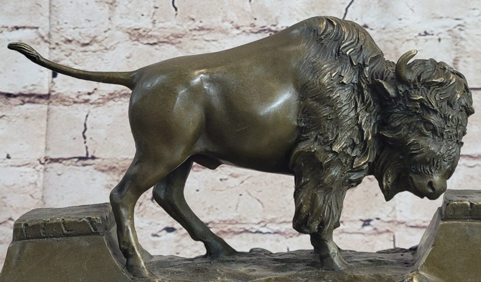 13" Art Deco Sculpture Buffalo Bulll OX Animal Marble Base Bronze Statue