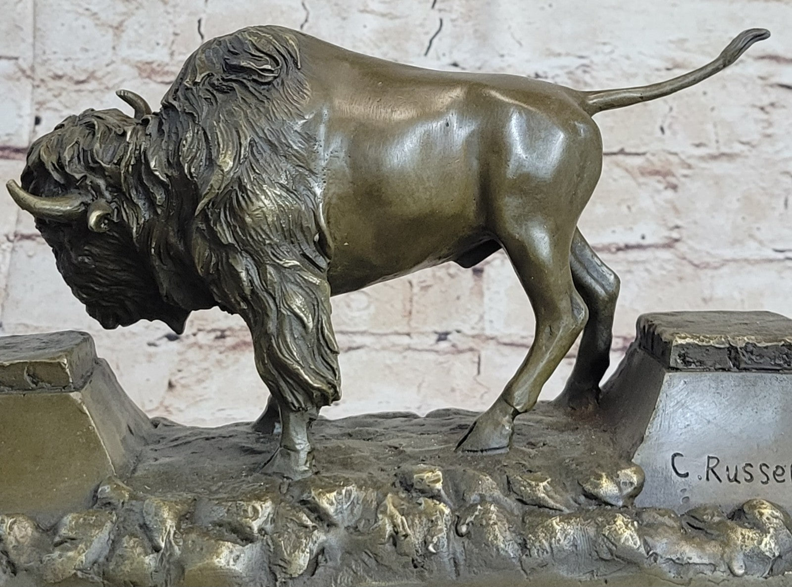 13" Art Deco Sculpture Buffalo Bulll OX Animal Marble Base Bronze Statue