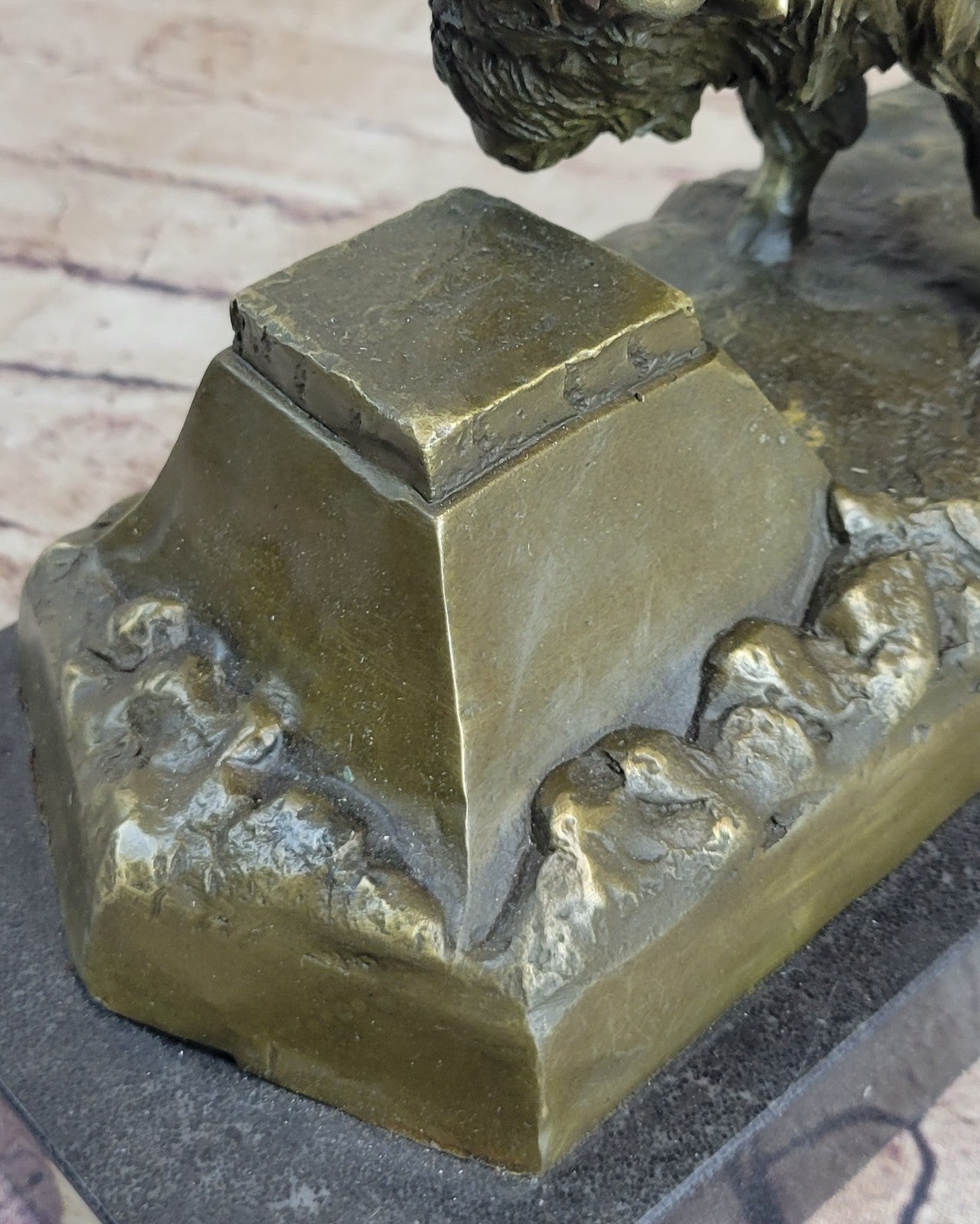 13" Art Deco Sculpture Buffalo Bulll OX Animal Marble Base Bronze Statue