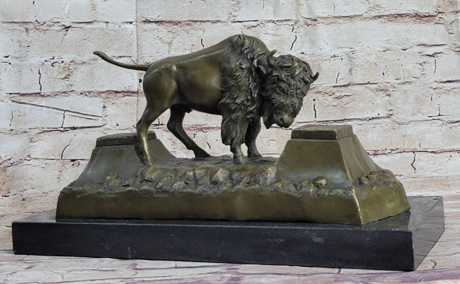 13" Art Deco Sculpture Buffalo Bulll OX Animal Marble Base Bronze Statue
