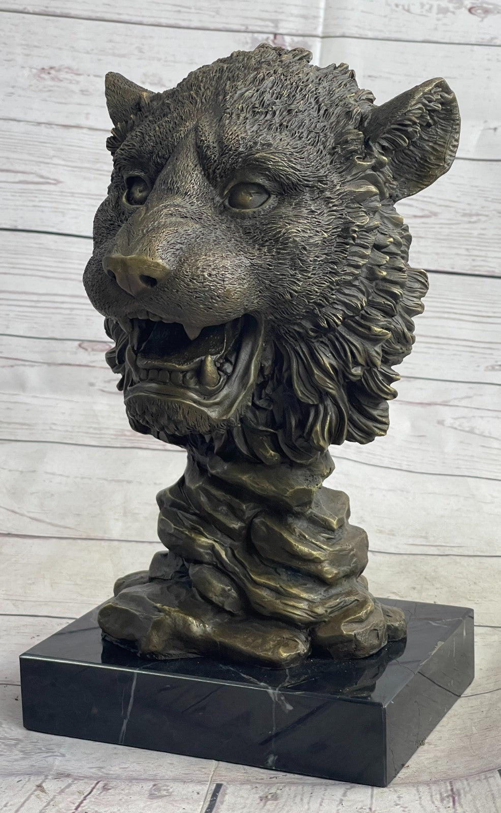 100% Solid Bronze Sculpture Wildlife Animal Lion Head Marble Base Figurine DEAL