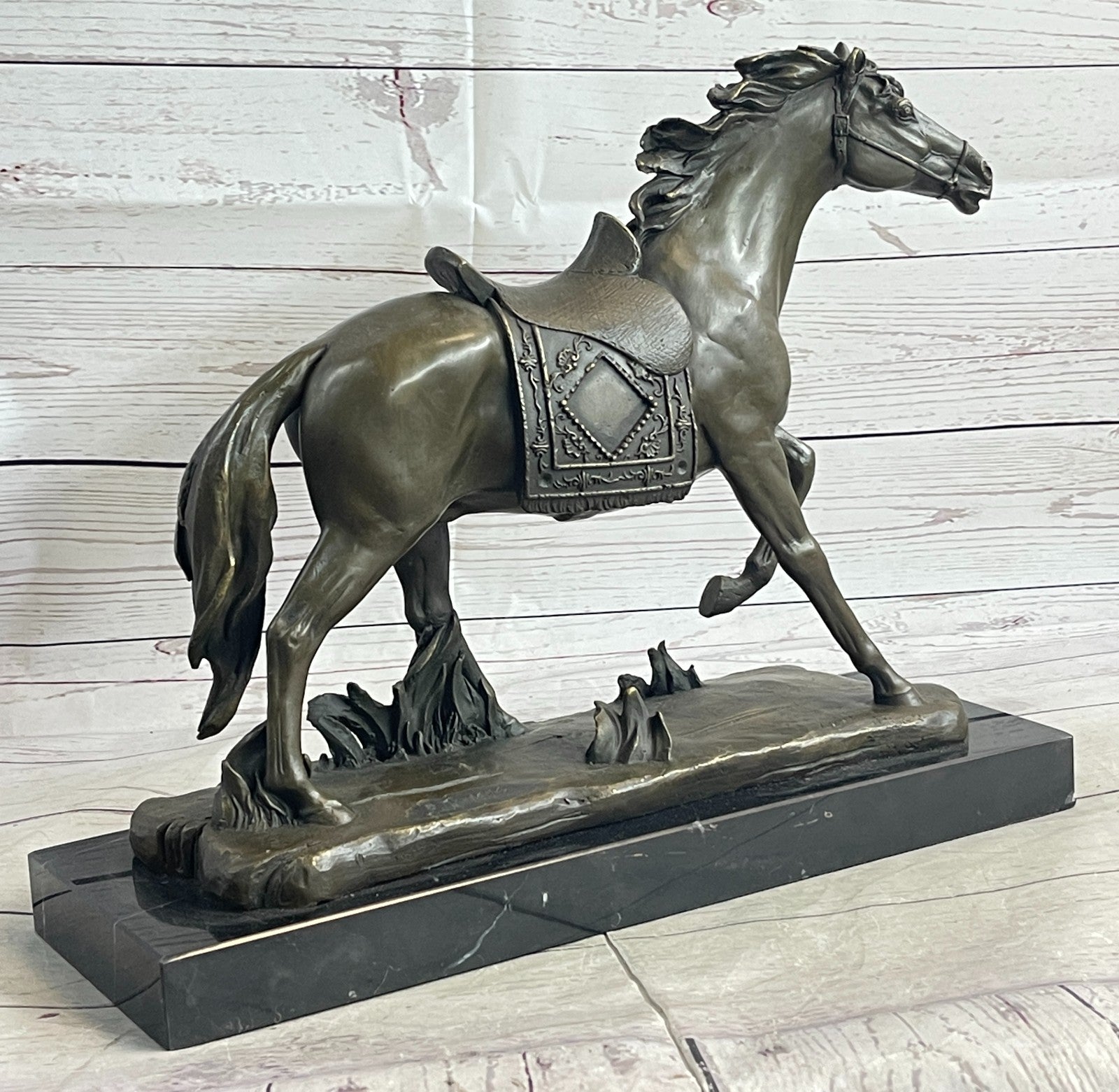 Large Galloping Stallion Bronze Sculpture on Marble Base Western Horse Art