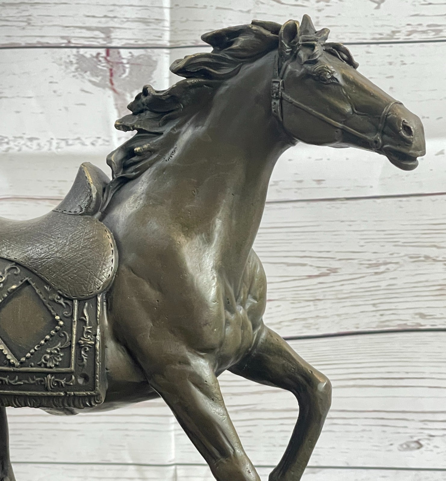 Large Galloping Stallion Bronze Sculpture on Marble Base Western Horse Art