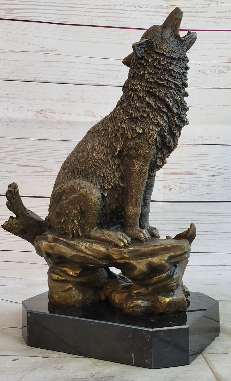 Milo Wildlife Bronze Sculpture | Large Wolf on Cliff Statue Art Deco Cabin Office Decor