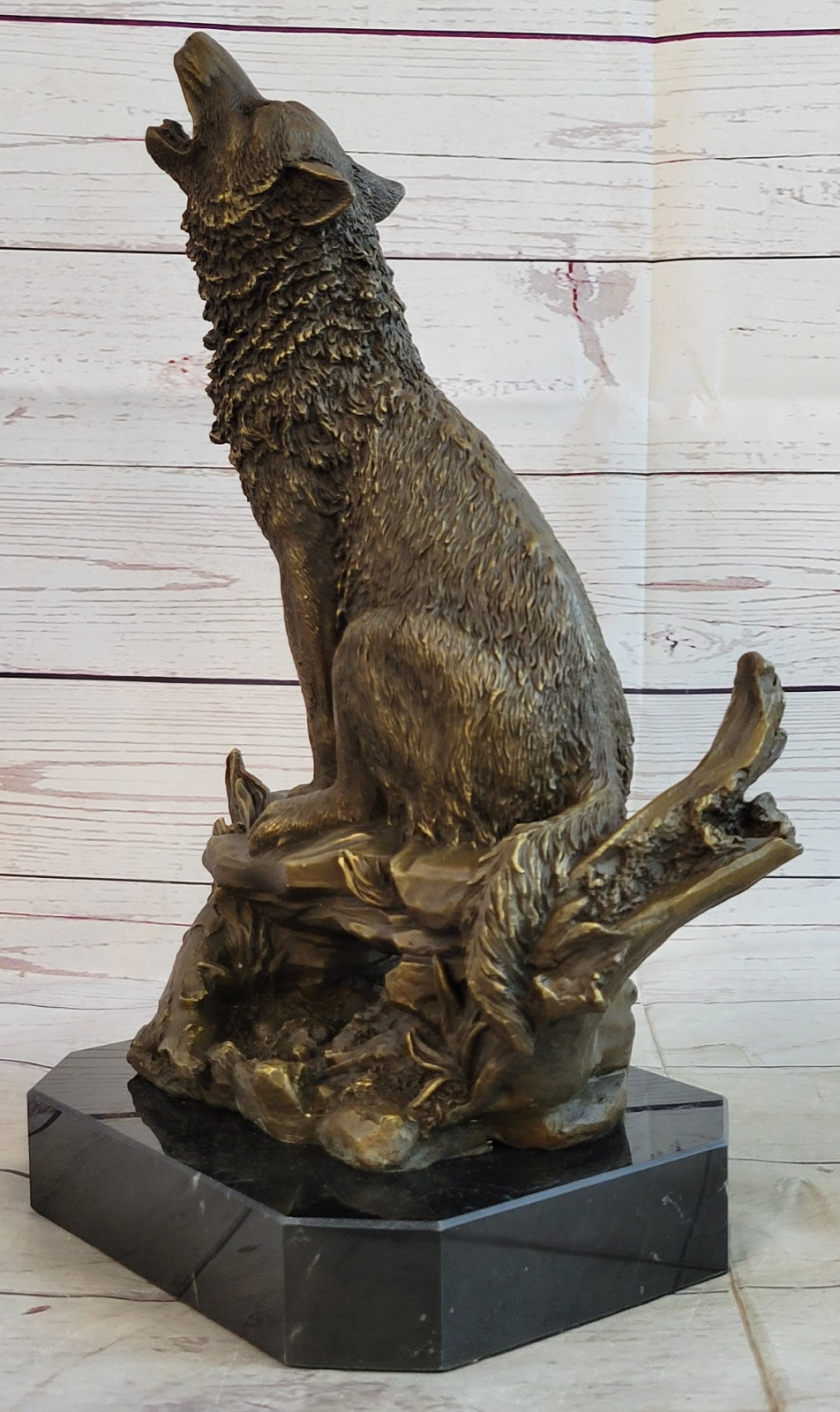 Milo Wildlife Bronze Sculpture | Large Wolf on Cliff Statue Art Deco Cabin Office Decor