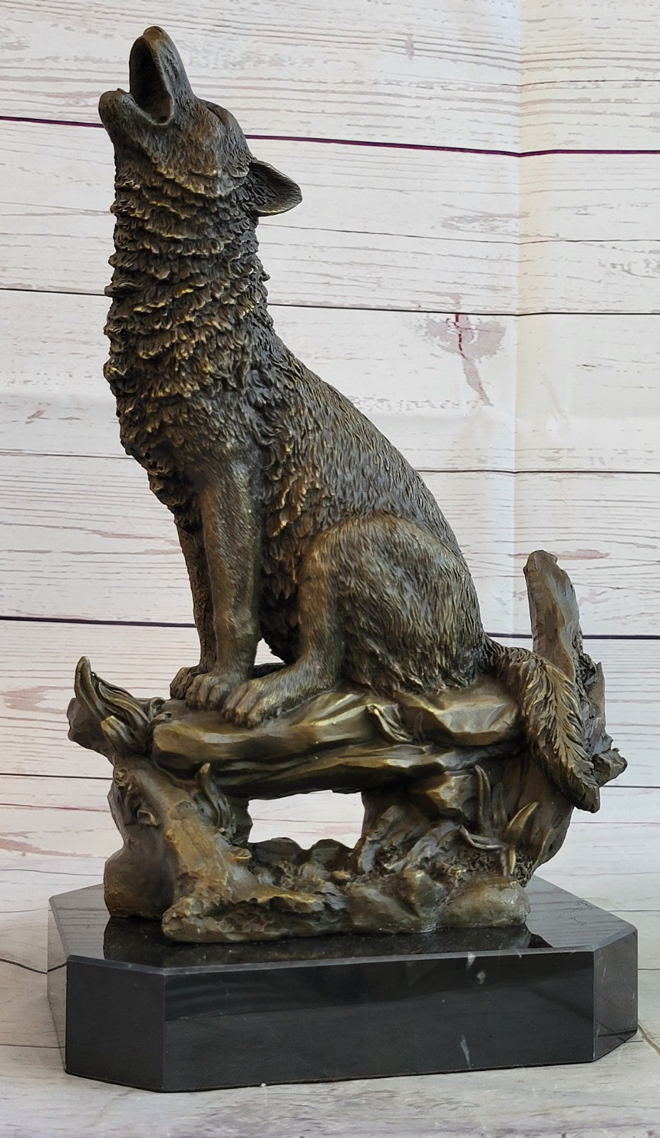 Milo Wildlife Bronze Sculpture | Large Wolf on Cliff Statue Art Deco Cabin Office Decor
