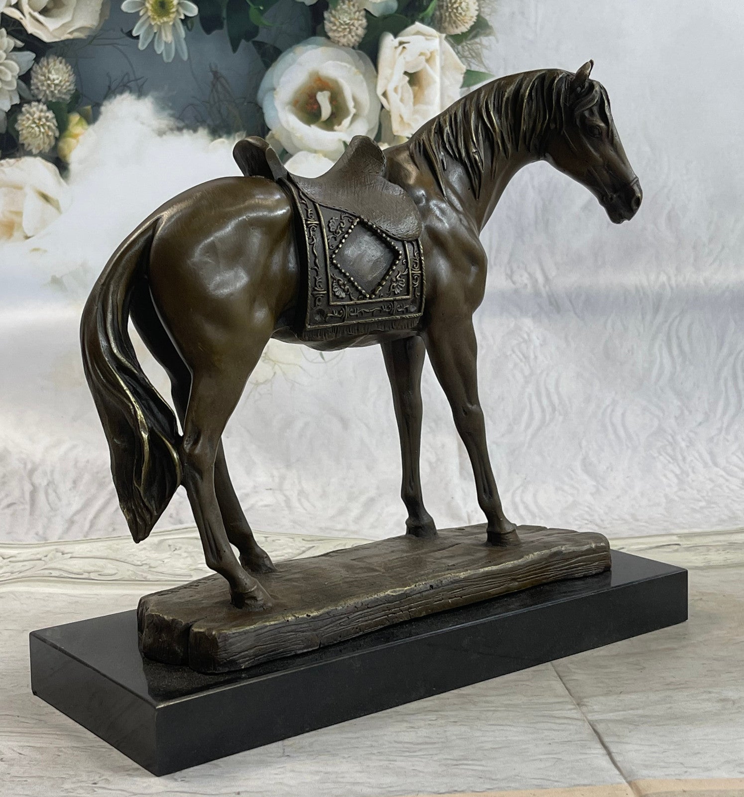 Handcrafted Work Horse Farm Bronze Sculpture Marble Base Figurine Figure
