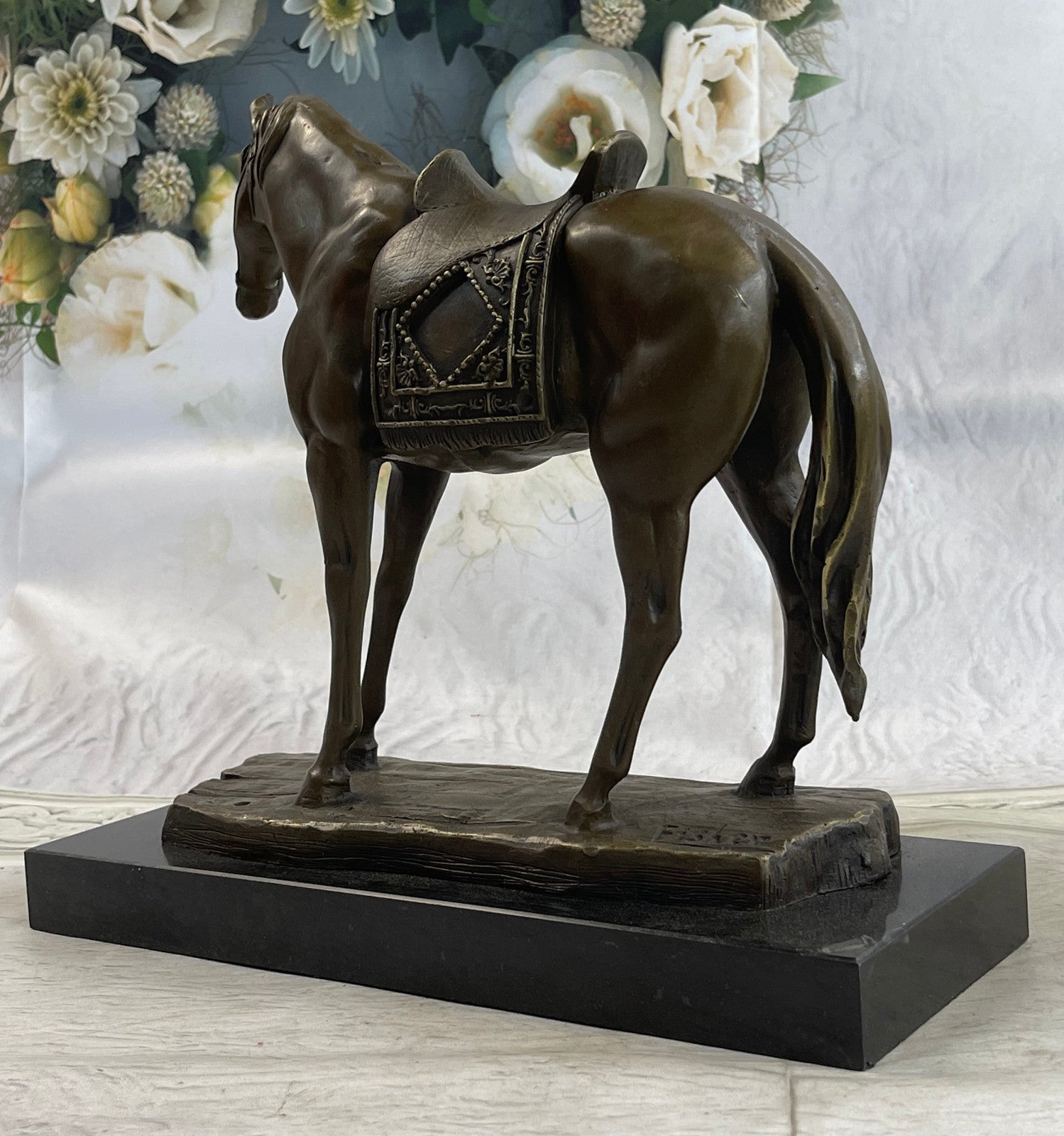 Handcrafted Work Horse Farm Bronze Sculpture Marble Base Figurine Figure