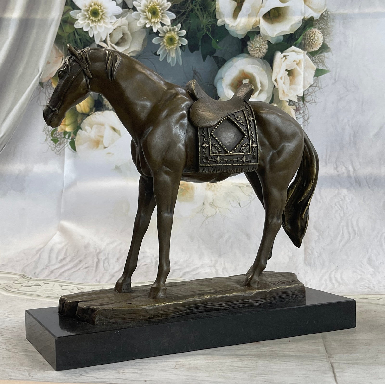 Handcrafted Work Horse Farm Bronze Sculpture Marble Base Figurine Figure