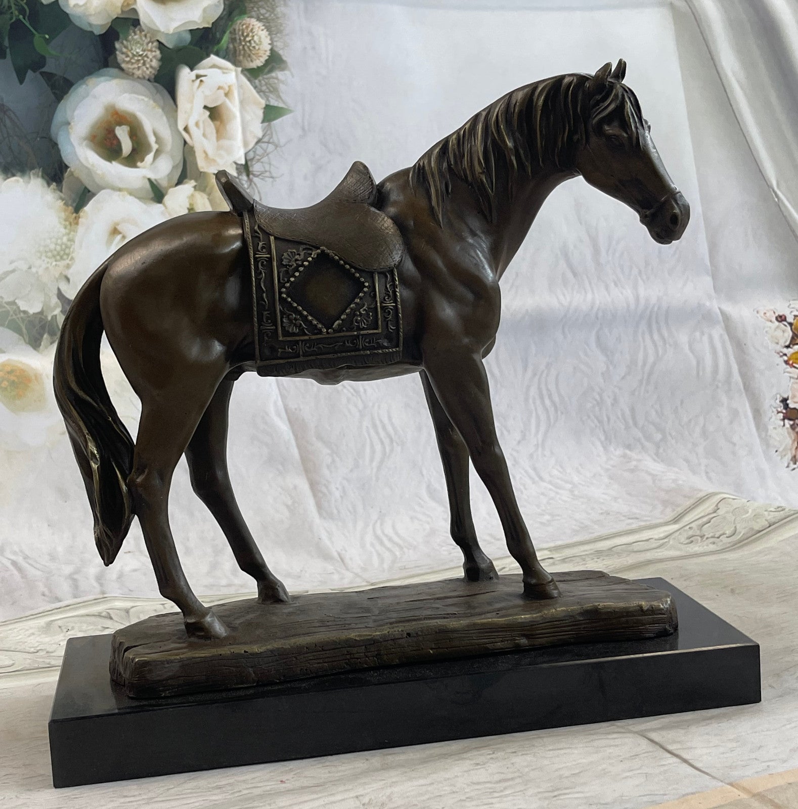 Handcrafted Work Horse Farm Bronze Sculpture Marble Base Figurine Figure