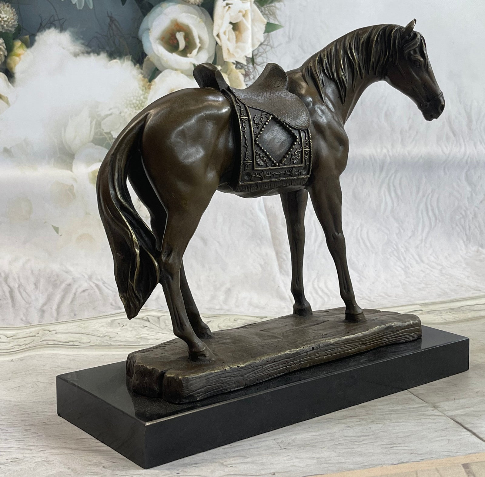 Handcrafted Work Horse Farm Bronze Sculpture Marble Base Figurine Figure