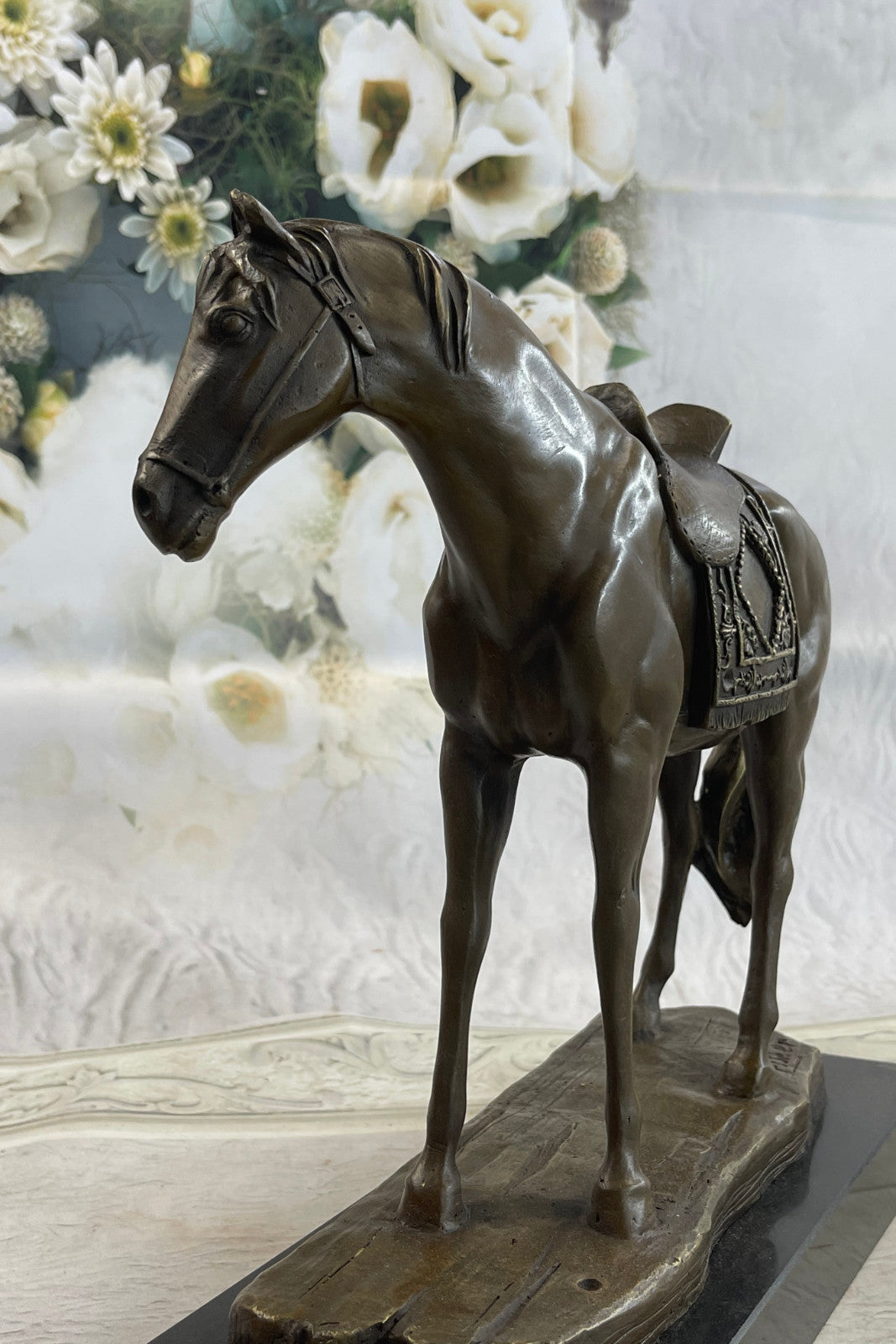 Handcrafted Work Horse Farm Bronze Sculpture Marble Base Figurine Figure