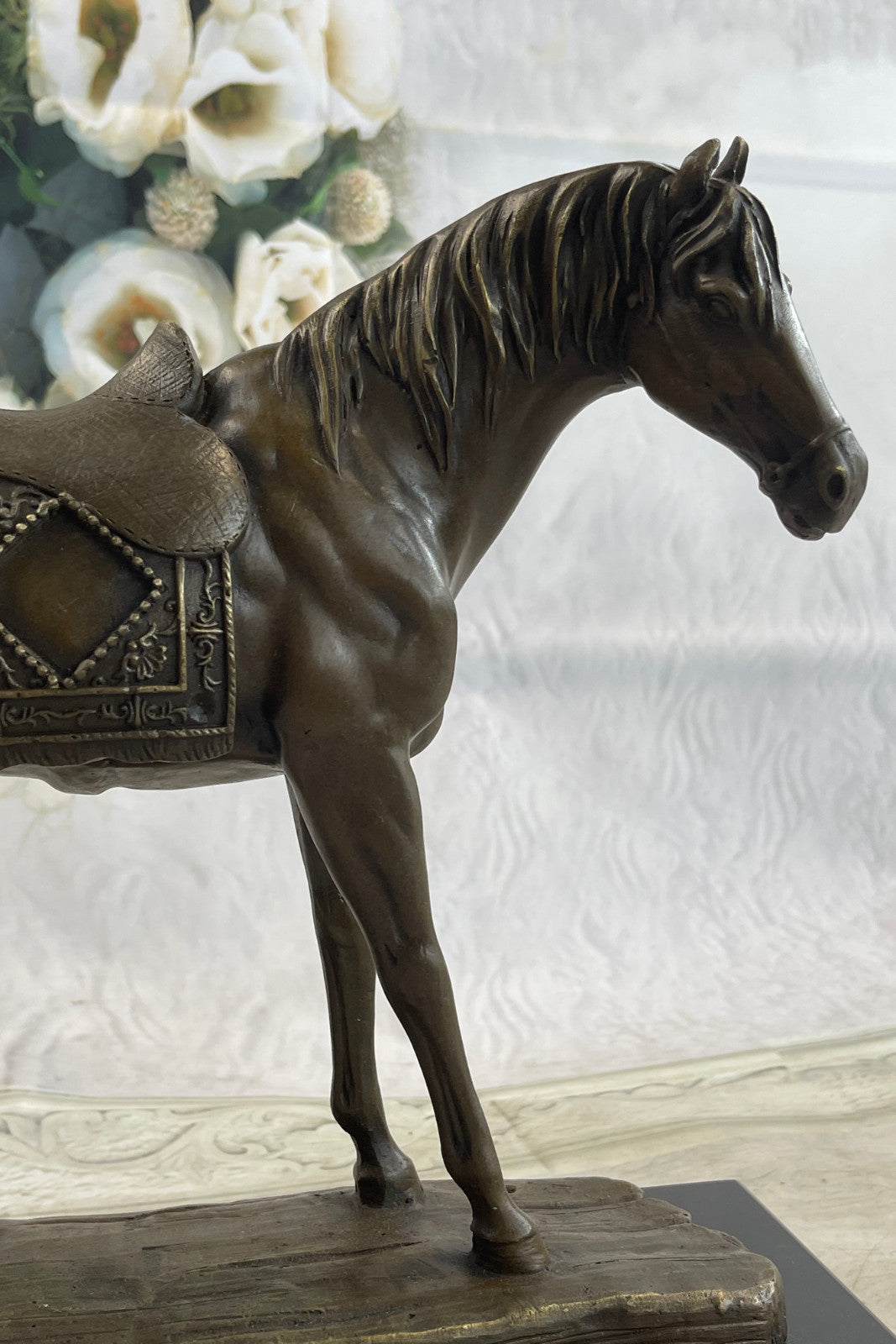 Handcrafted Work Horse Farm Bronze Sculpture Marble Base Figurine Figure