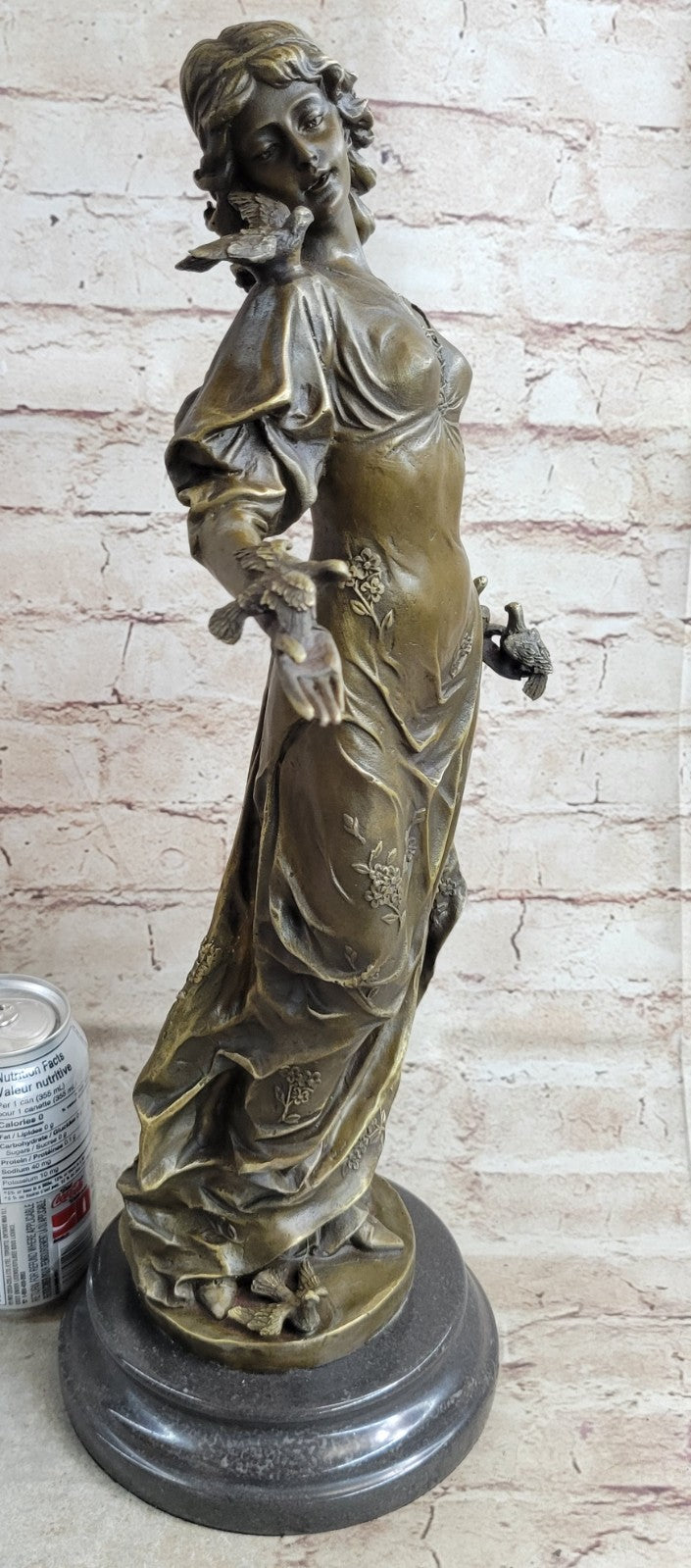 Original 100% Solid Bronze Sculpture Maiden Standing W/Dove Bird Art Deco Hotcast