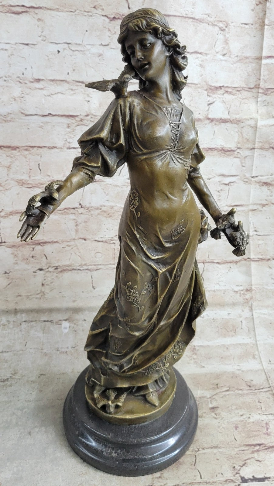 Original 100% Solid Bronze Sculpture Maiden Standing W/Dove Bird Art Deco Hotcast