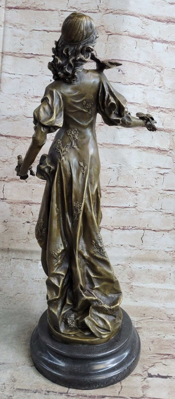 Original 100% Solid Bronze Sculpture Maiden Standing W/Dove Bird Art Deco Hotcast