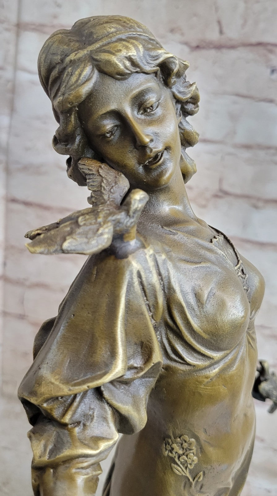 Original 100% Solid Bronze Sculpture Maiden Standing W/Dove Bird Art Deco Hotcast