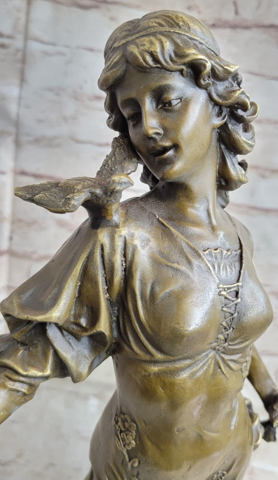 Original 100% Solid Bronze Sculpture Maiden Standing W/Dove Bird Art Deco Hotcast