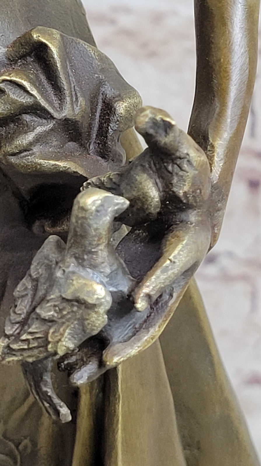 Original 100% Solid Bronze Sculpture Maiden Standing W/Dove Bird Art Deco Hotcast