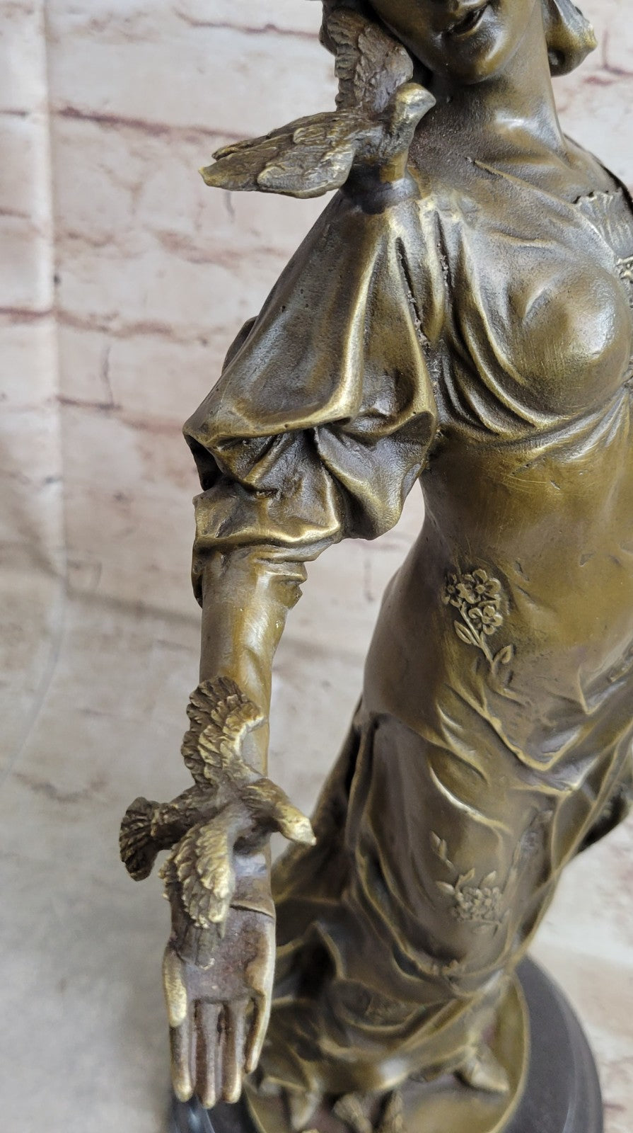 Original 100% Solid Bronze Sculpture Maiden Standing W/Dove Bird Art Deco Hotcast