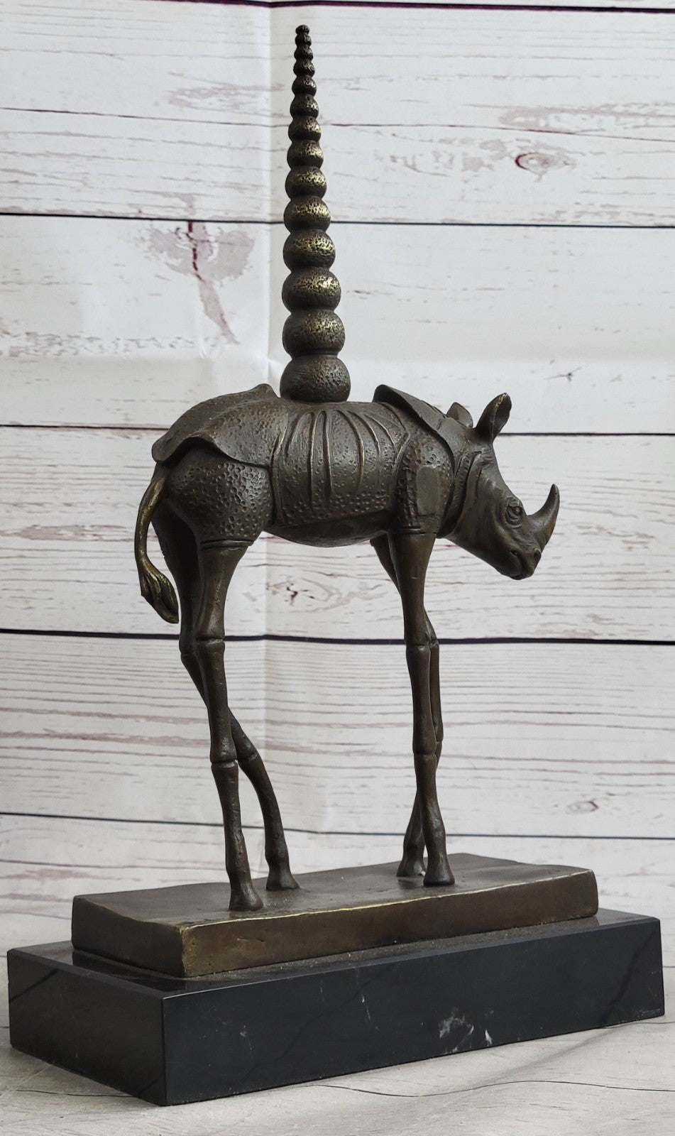 Hot Cast Real Bronze Space Rhino Sculpture Art Deco Marble Base Figurine figure