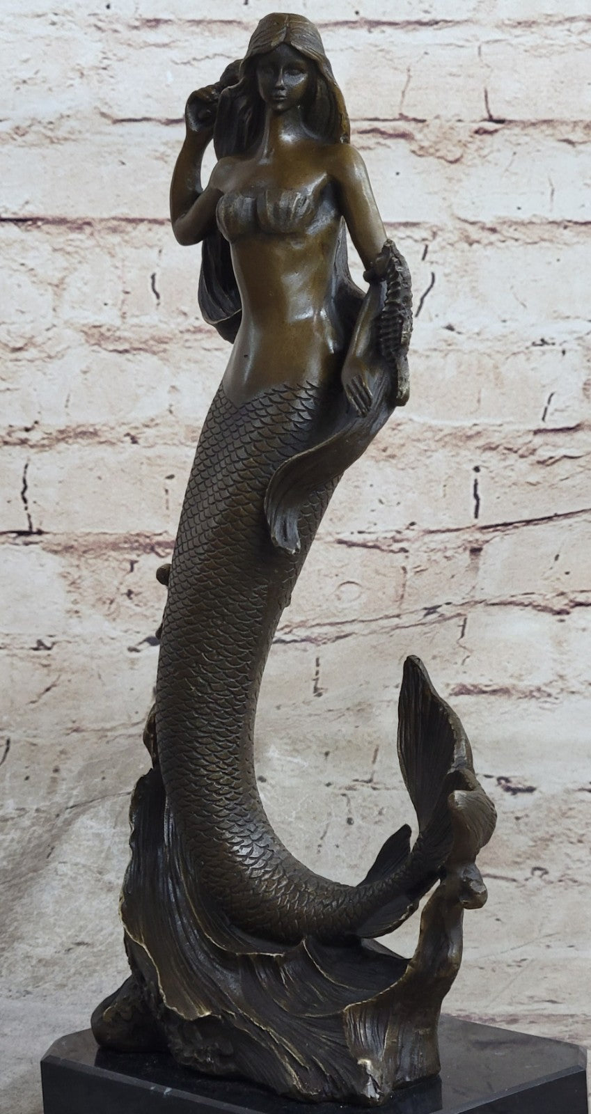 Beautiful Mermaid Standing On Beach Statue Sculpture Bronze Figurine Nautical