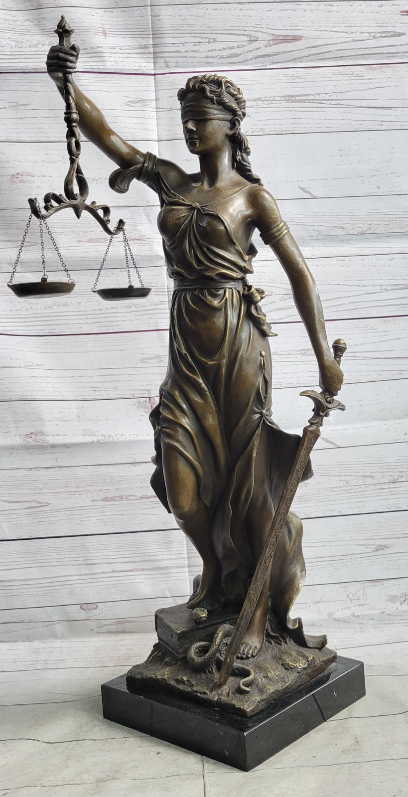 30" Tall BRONZE BLIND JUSTICE LAW MARBLE STATUE LADY SCALE Sculpture Nouveau Art