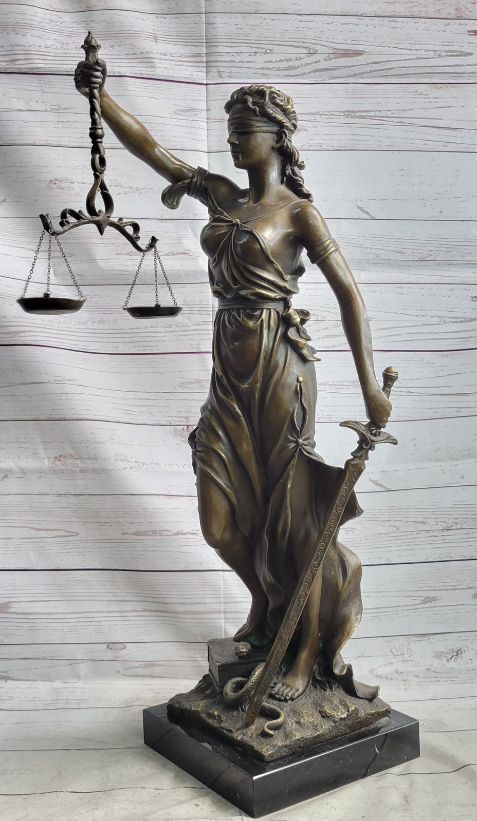 30" Tall BRONZE BLIND JUSTICE LAW MARBLE STATUE LADY SCALE Sculpture Nouveau Art