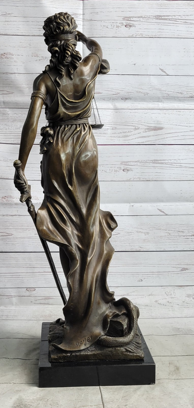 30" Tall BRONZE BLIND JUSTICE LAW MARBLE STATUE LADY SCALE Sculpture Nouveau Art