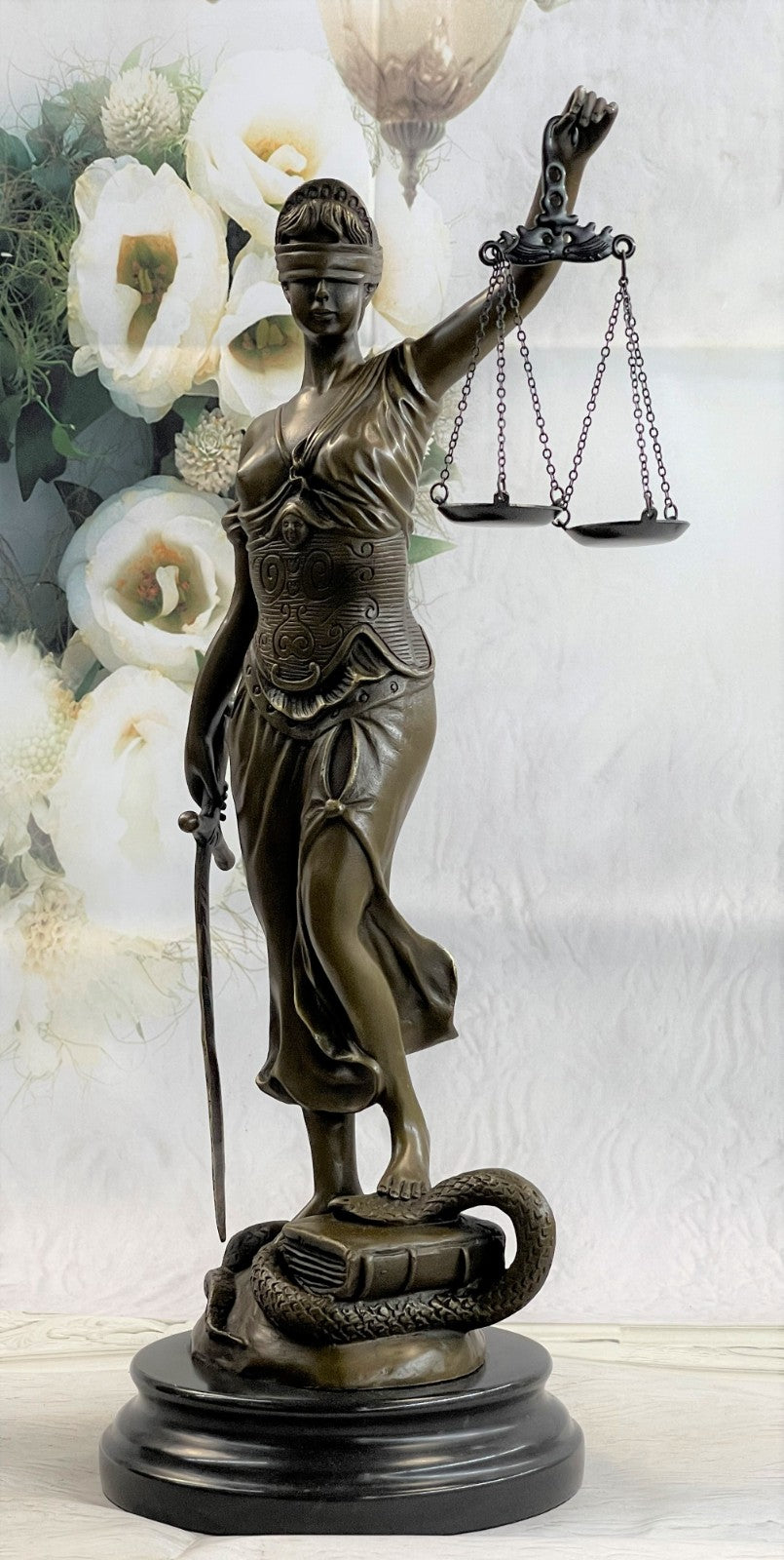 18" Tall BRONZE BLIND JUSTICE LAW MARBLE STATUE LADY SCALE Sculpture Nude