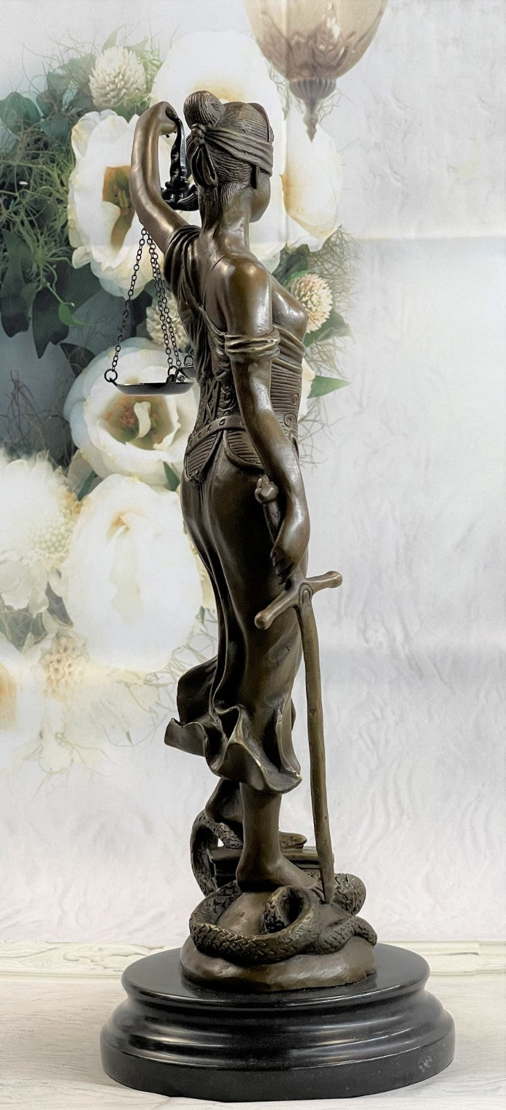 18" Tall BRONZE BLIND JUSTICE LAW MARBLE STATUE LADY SCALE Sculpture Nude