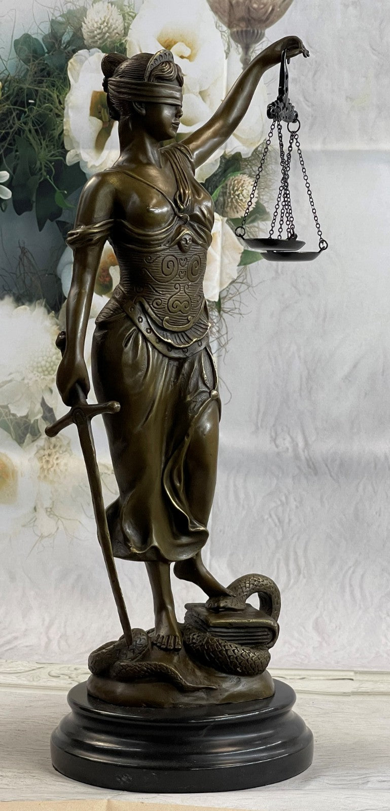 18" Tall BRONZE BLIND JUSTICE LAW MARBLE STATUE LADY SCALE Sculpture Nude