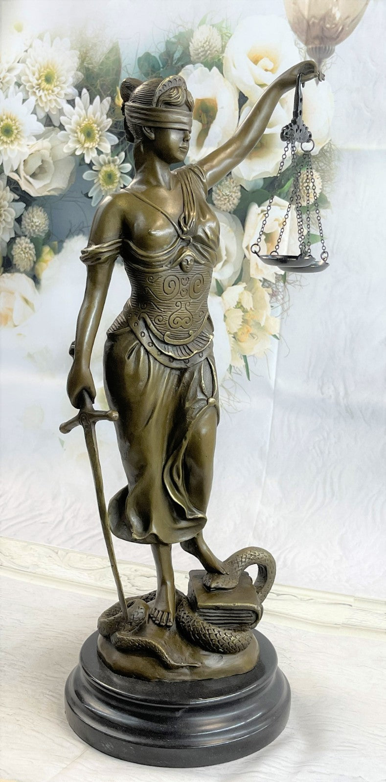 18" Tall BRONZE BLIND JUSTICE LAW MARBLE STATUE LADY SCALE Sculpture Nude