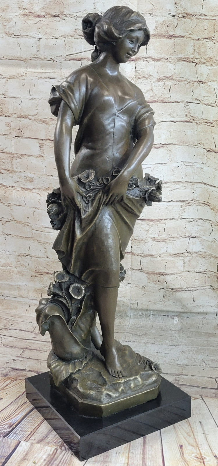 Rare Bronze Metal / Marble Statue Classic Victorian Woman Girl Flower Sculpture