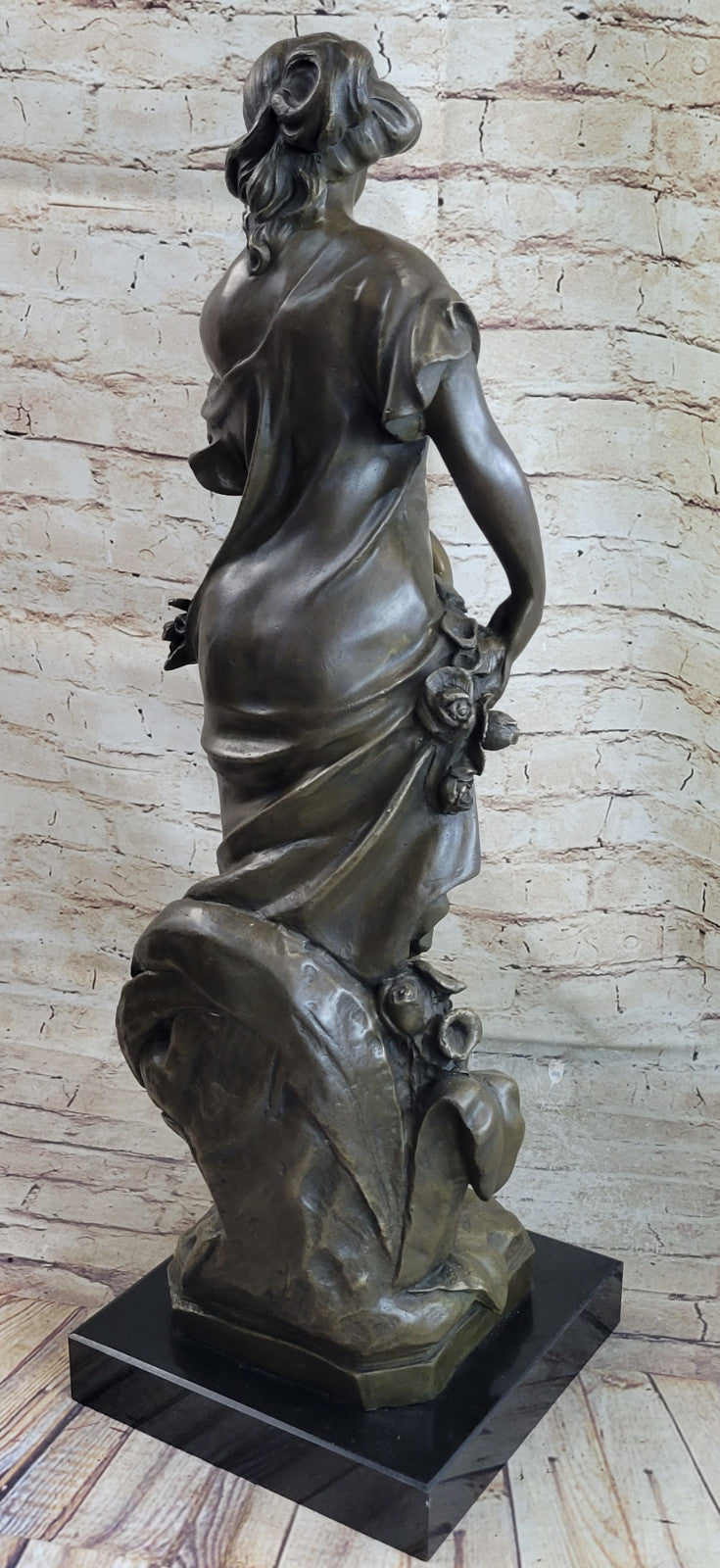 Rare Bronze Metal / Marble Statue Classic Victorian Woman Girl Flower Sculpture