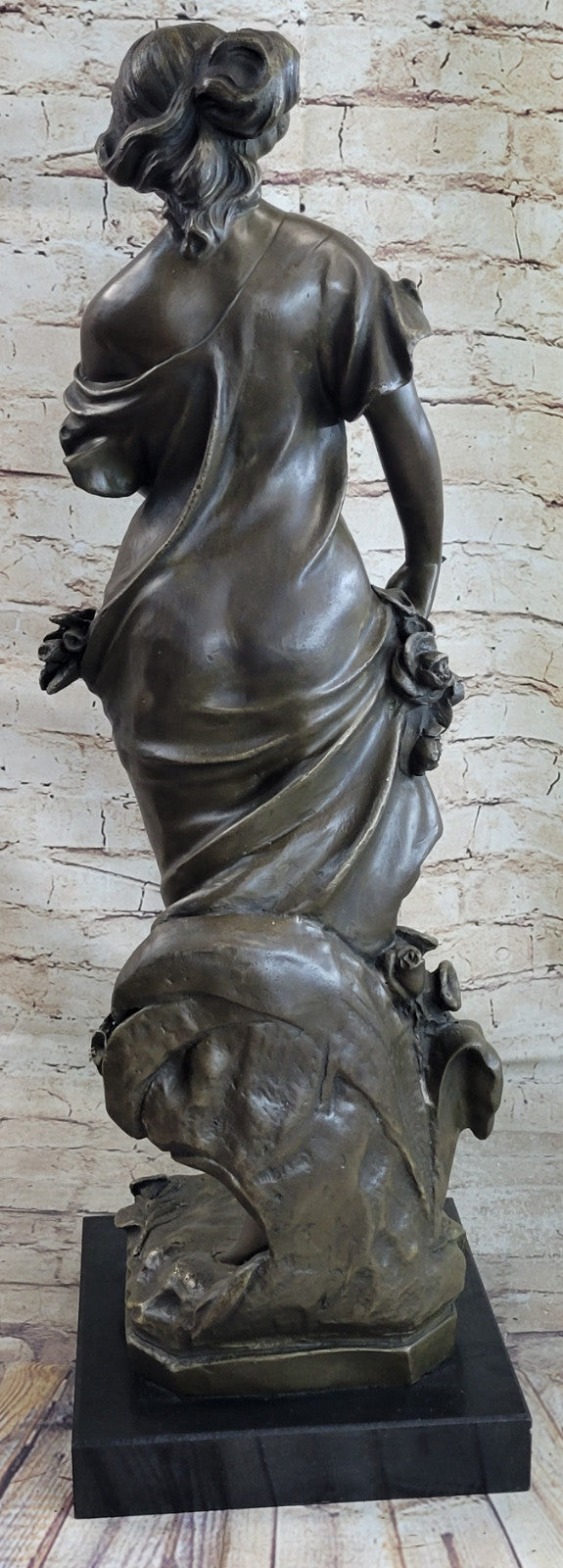 Rare Bronze Metal / Marble Statue Classic Victorian Woman Girl Flower Sculpture