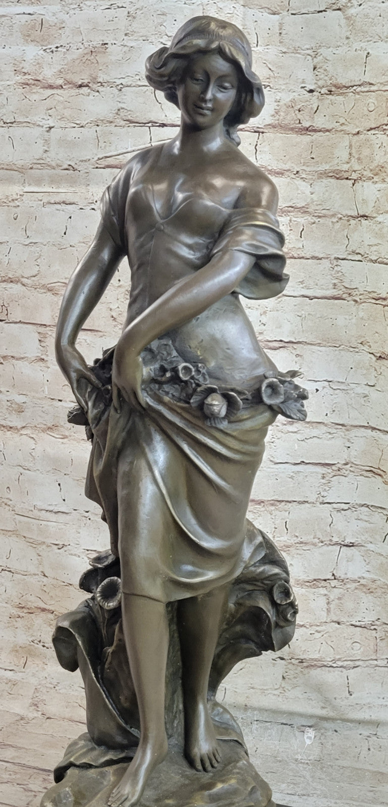 Rare Bronze Metal / Marble Statue Classic Victorian Woman Girl Flower Sculpture