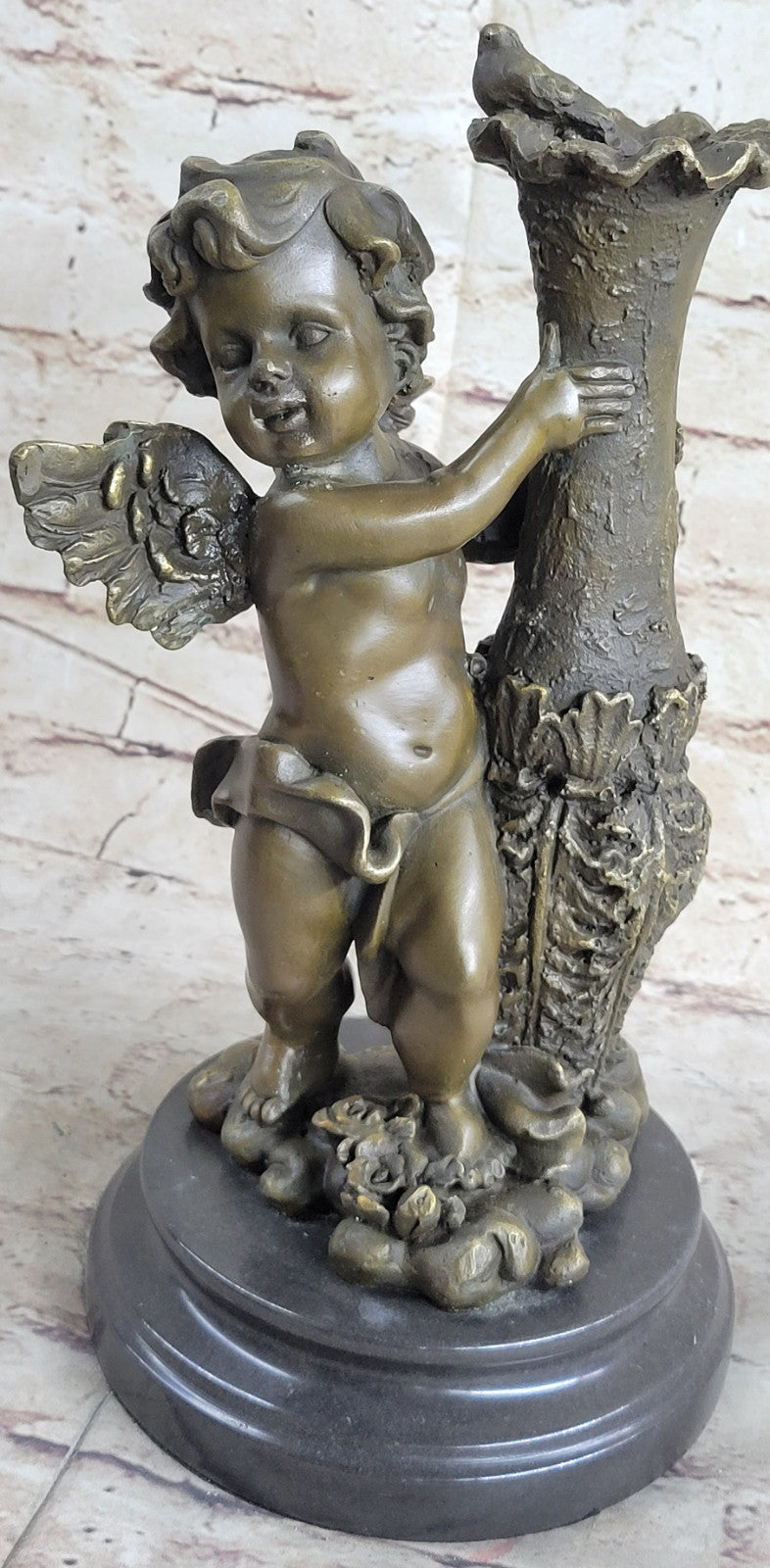 VINTAGE BRONZE PARLOR STATUE 12" STANDING CHERUB, PUTTI, CHILD GIFT