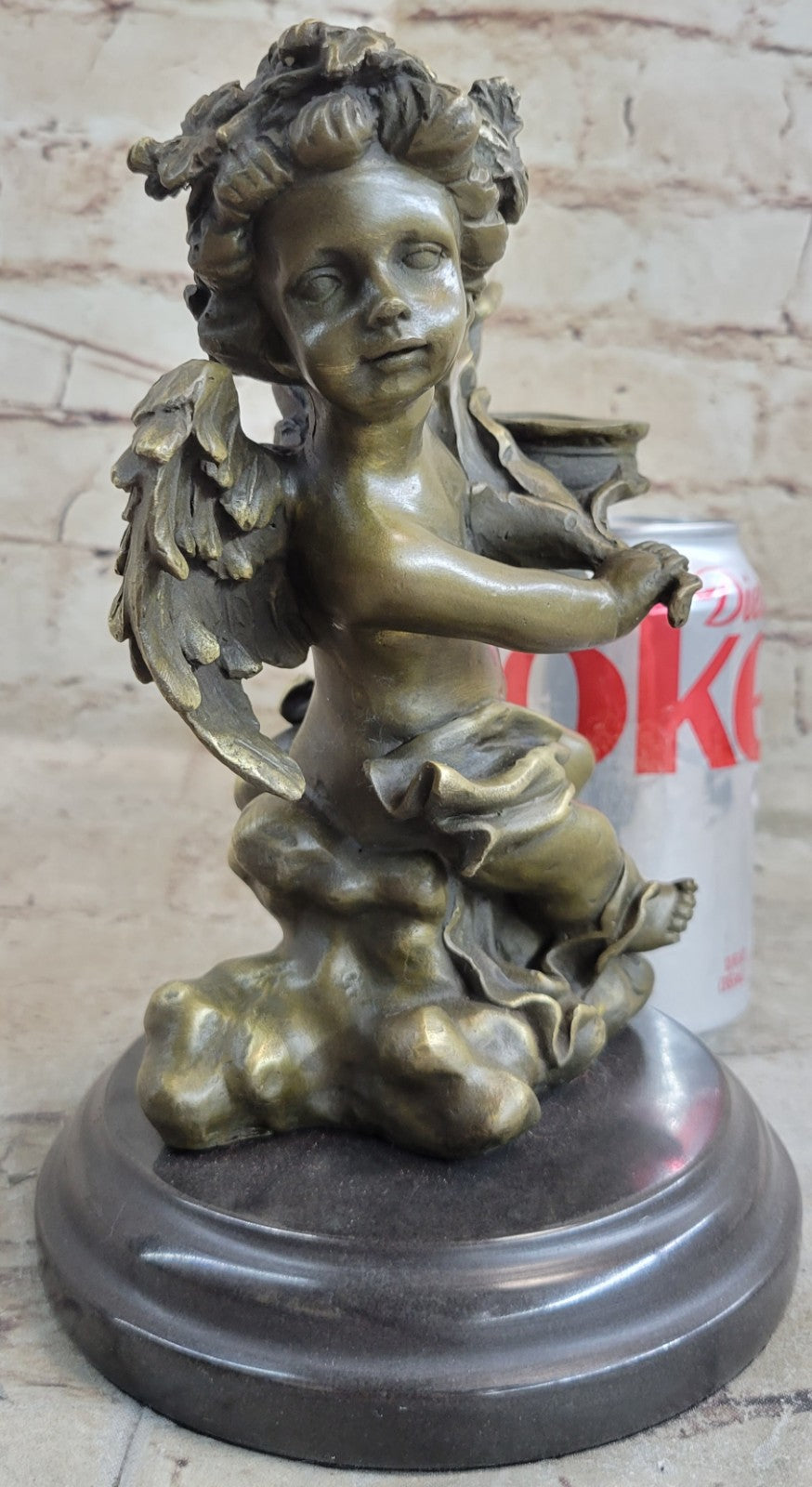 BRONZE CANDLE HOLDER ANGEL FIGURINE - STATUE W/ MARBLE BASE HOT CAST FIGURE GIFT